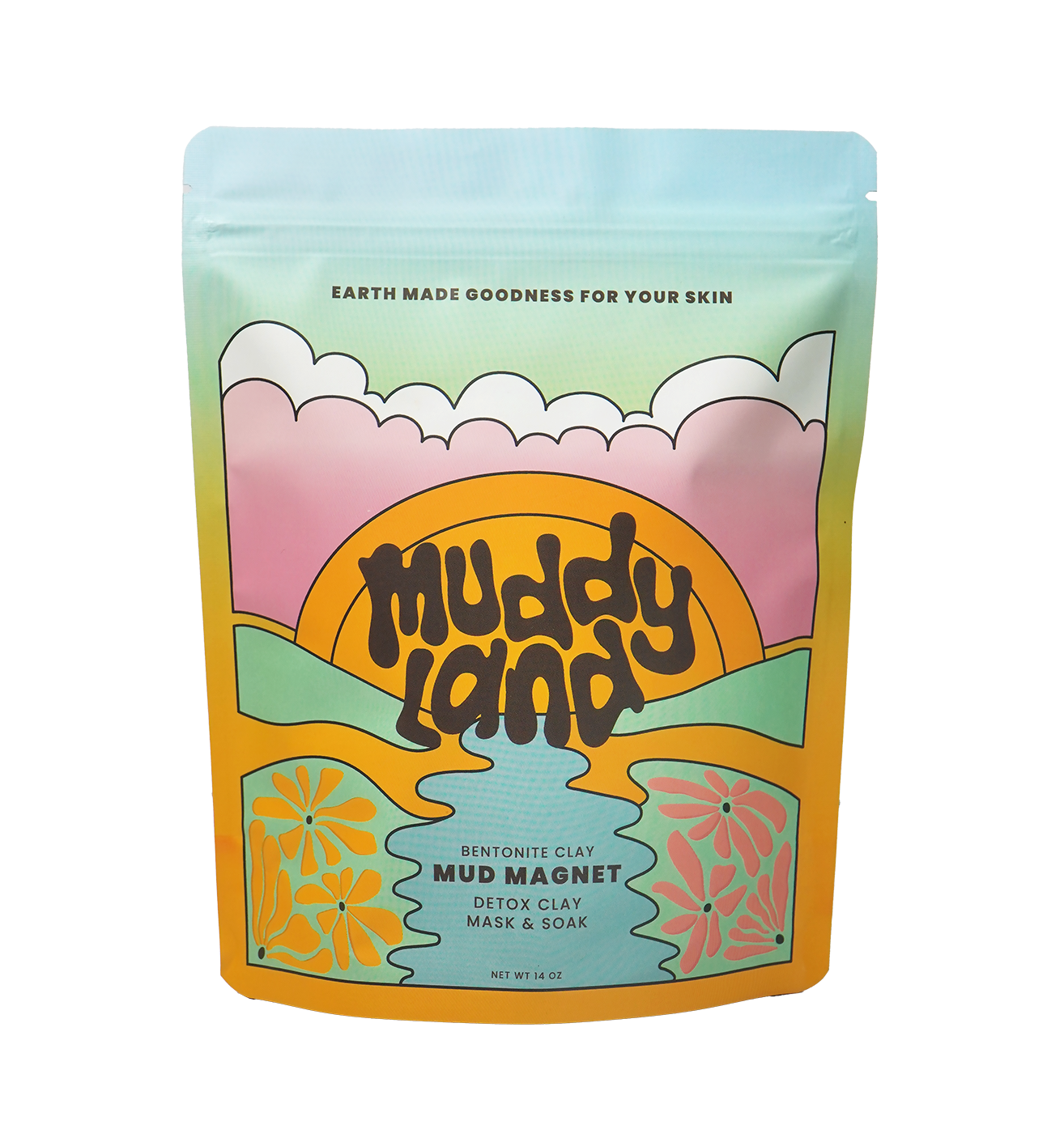 Muddyland Mud Magnet packaging showcasing a bentonite clay mask and soak for detox baths.