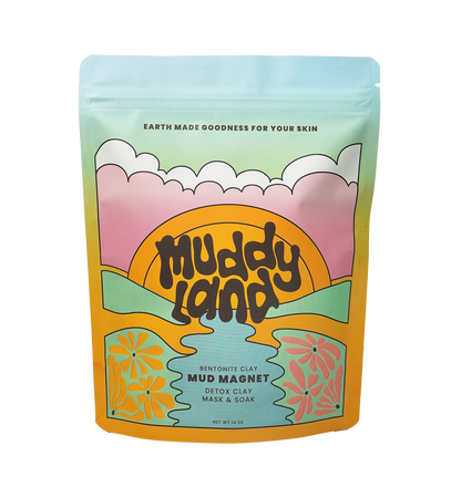 Muddyland Mud Magnet packaging showcasing a bentonite clay mask and soak for detox baths.